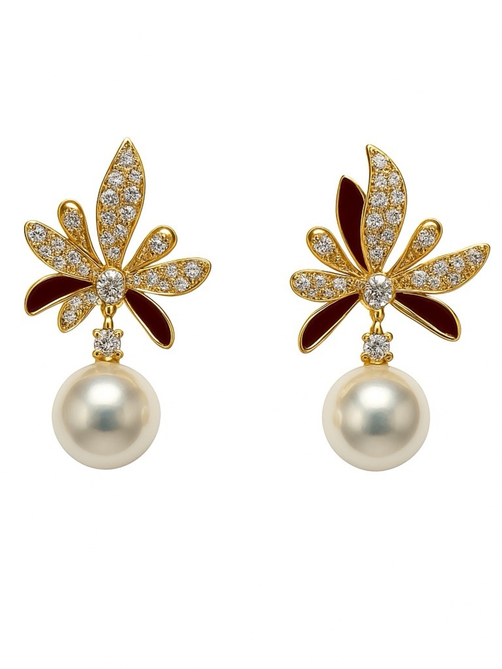 Freshwater Pearl & Enamel Fleur de Lis Stud Earrings